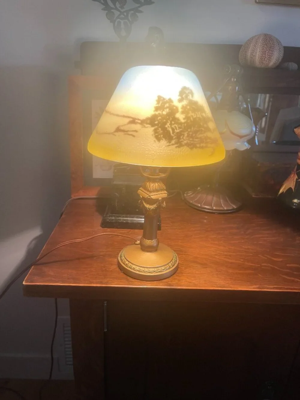 Art Deco Reverse Painted Shade Original Gold Leaf Base Boudoir Lamp - As Is